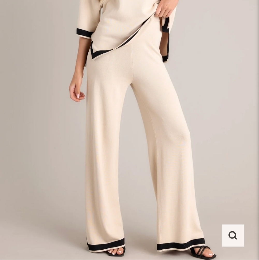 Beige Quiet Luxury Old Money Wide-Leg Pants with Black Trim Size Medium